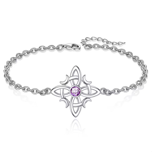 Pulsera nudo de bruja y lunas con piedra amatista en plata fina