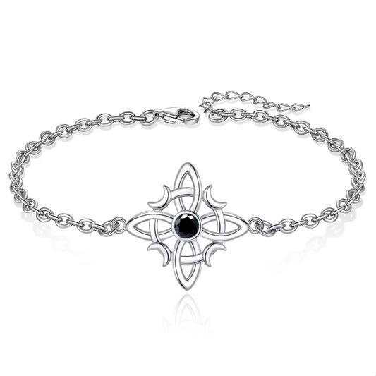 Pulsera nudo de bruja y lunas con piedra onix en plata fina